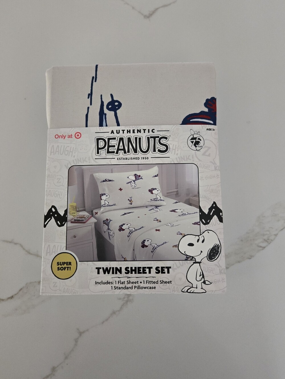 NWT Peanuts Twin Sheet Set in White with Navy and Red Snoopy Accents